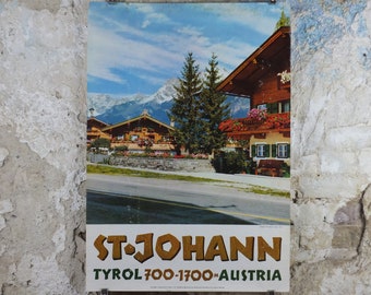St Johann Austrian Ski Resort Poster, Tyrol, Wilder Kaiser mountains, Kitzbüheler Horn, travel tourism skiing, wall art decor, 1970s
