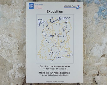 1991 Jean Cocteau Poster, Parmi Nous, Portrait Face Profile, Mairie de Paris, surrealist avant-garde Dada, gallery exhibition wall art decor