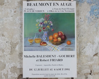 1991 Robert Friard Poster, still life with apples and oranges, and orange juice, artist gallery exhibition, wall art decor