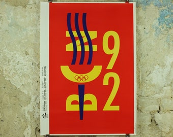 Vintage Barcelona Olympic Poster, Olympic Torch by Quim Nolla, 1992, XXV Olympiad, post modern, sport wall art 1990s