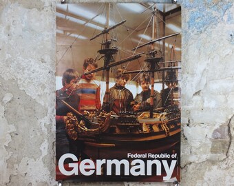 1970s Germany Travel Poster, Hamburg, Model sailing shipo, Deutschland plakat, travel tourism holiday vacation wall art decor