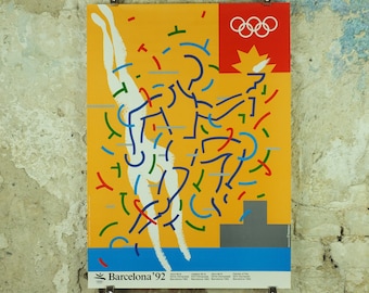 Vintage Barcelona Olympic Poster, Diving and Aquatics by Alonso / Ayguade, 1992, XXV Olympiad, post modern, sport wall art 1990s