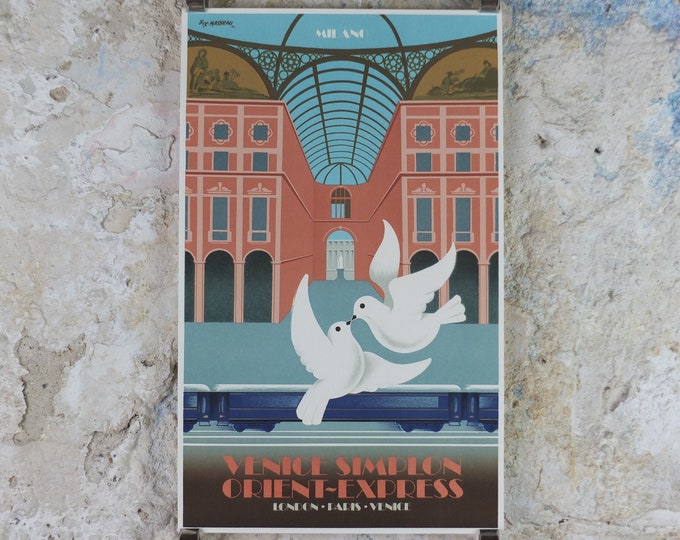 Featured listing image: Original Venice Simplon Orient Express Poster, Milan by Fix Masseau, Doves, 1985 limited edition of 200, train, art deco, wall art decor