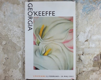 2002 Georgia O'Keeffe Poster, Two Calla lilies on Pink 1928, American modernism, Precisionism, gallery exhibition wall art decor