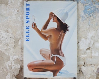 1980s Elle Sport rare Poster, beach and swimwear, gym and sports equipment, bikini and hat, fashion label, advertising retro wall art decor