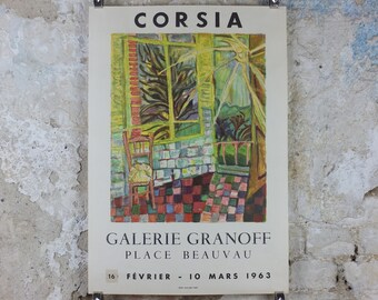 1963 Gilbert Corsia Poster, Sunny French country scene from the inside looking out, naive Impressionism, gallery exhibition, wall art decor