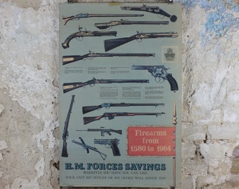 1964 HM Forces Savings Poster, Firearms from 1580 to 1964, British antique guns, muskets and rifles, original , wall art decor, retro