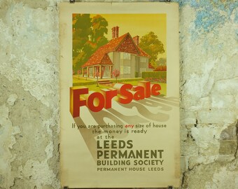 Vintage Leeds Building Society Poster, by Gerald Hood, art deco, For Sale, house and home, art nouveau Advertising wall art 1930s