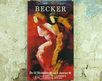 1991 Michel Becker Exhibition Poster, chouetteurs, The Hunt for The Golden Owl, painter, artist gallery exhibition wall art 1990s