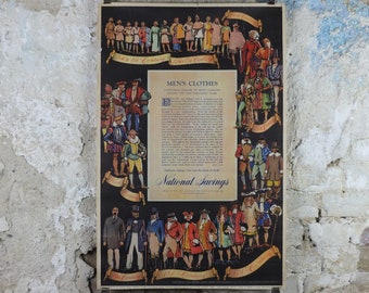 1948 Original National Savings Poster, historical costumes, mens fashion through the years, England, wall art retro decor