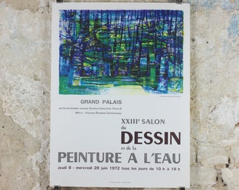 1972 Camille Hilaire Poster, Forest of strong greens and blues, French Cubism artist, Grand Palais Paris, wall art decor