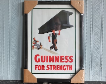 Hand signed 1981 John Gilroy Guinness Toucan Poster, Girder 1934, Guinness construction worker carrying a steel girder, wall art retro decor