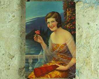 Original Vintage Colourful Art Deco “Fan and Roses” Print lake wall art 1920s / 1930s