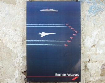 1989 British Airways Poster, Concorde, Red Arrows QE2, BA Aviation aircraft aeroplane plane, travel wall art decor