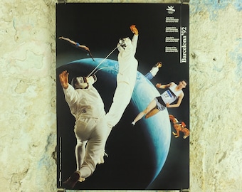 Original Vintage Olympic Spanish Barcelona 1992 Fencing Poster Swimming Track and Field Shooting Equestrian Olympiad sport wall art 1990s