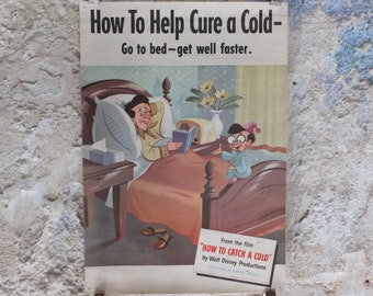 Original Vintage Disney How to Catch a Cold 1951 poster Help Cure Cold Go to Bed Kleenex tissue advertising educational print wall art 1950s