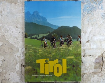 1970s Cycling in Tyrol in the Summer Poster, Austria, family on bikes, mountain tourism skiing vacation wall art decor