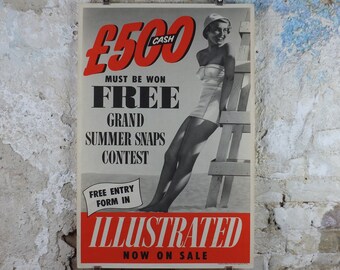 1950s Illustrated Newsagent Poster, Woman in Swimsuit, lifeguard tower at the beach, summer snaps, magazine media print wall art retro