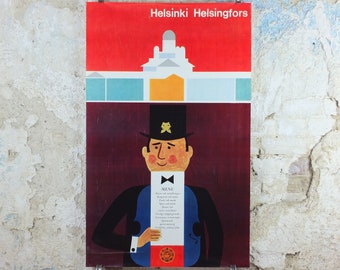 Original Helsinki Poster, Helsinki Helsingfors Finland, by Kurt Bengtsson, what's on in Finland, menu, travel wall art decor