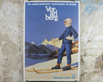 1987 Vorarlberg Ski Poster, 100 years of skiing in the Vorarlberg, Winter Sports, sport d'hiver, travel tourism skiing, wall art decor