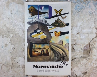 Vintage Dali Normandie Poster, Salvador Dali, Butterflies, SNCF, travel tourism, 100cmx62cm, Chemins de fer Francais, wall art 1970s