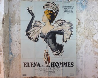 1956 Elena and her Men Poster, Ingrid Bergman, original Vintage French "Grande" size, Elena et les Hommes, beautiful powder grey/blue