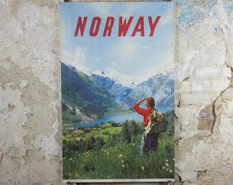 1956 Norway Travel Poster, Geiranger Fjord, Norway Travel Association & Norwegian State Railways, tourism vacation wall art decor