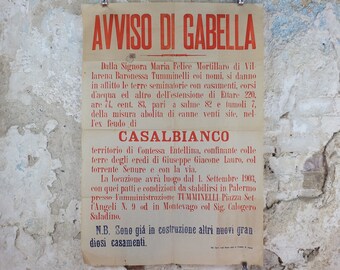 1903 Palermo Avviso di Gabella Poster, Baronessa Tumminelli, an early 20C tax notice for Casalbianco in Sicily, Italy, wall art decor