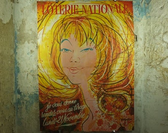 Original Vintage Blonde French National Lottery Poster Advertising Yoldjoglou money coins gold 21 November print wall art retro 1966 1960s