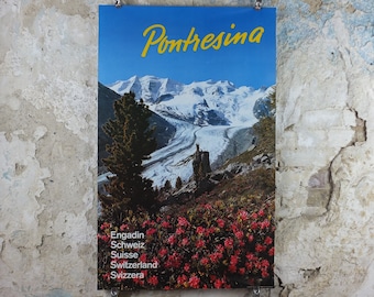 1972 Pontresina Skiing Poster, Engadin Alps, St Moritz, Snow, Switzerland, Suisse, Schweiz, mountain tourism ski vacation wall art decor