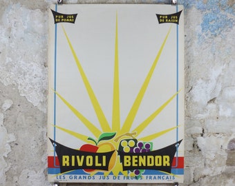 1960s Vintage Rivoli Bendor Poster, French apple and grape juice drink, France advertising, food and drinks industry, wall art retro