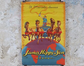 1930 James Hopps & Sons Masala Poster, golden marsala classico with maiden in a chariot, drinking alcohol, advertising print wall art decor