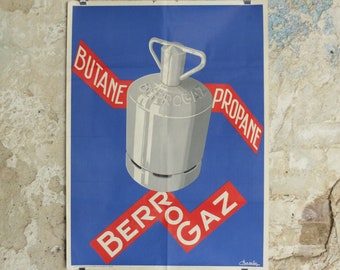 Original Vintage French Berrogaz gas safety poster advertising cylinder home heating Chaselon industrial art wall interior design 1950s