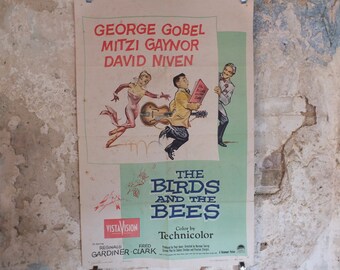 Original Vintage Movie Poster The Birds and the Bees 1956 1950s wall art love guitar music David Niven US one sheet cinema film memorabilia