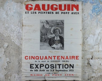 1953 Paul Gauguin Poster, "The Beautiful Angel" from Pont Avon, amazing wear, French post-impressionism painter, wall art decor