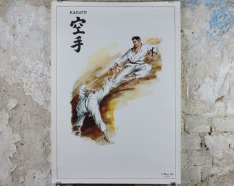 Vintage Karate Poster, Martial Arts showing a flying kick from J Milom, Manchester, Dojo sport, wall art decor 1960s