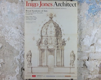 1989 Royal Academy of Arts Poster, Inigo Jones Architect, "Catafalque of James I Westminster Abbey" 1625 gallery exhibition, wall art decor