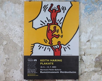 2003 Keith Haring Poster, Strength, three red men climbing over a yellow bicep, Kunstmuseum Heidenheim. Pop Art, Street, wall art decor