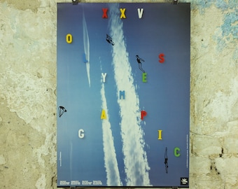 Vintage Barcelona Olympic Poster, Diving and Aquatics by America Sanchez, 1992, XXV Olympiad, post modern, sport wall art 1990s