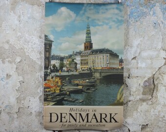 1953 Copenhagen Poster, Holidays in Denmark for gaiety and recreation, canals, Danish Tourist office, Travel tourism vacation wall art decor
