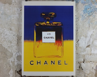 No 5 Chanel Poster, by Andy Warhol, perfume and cosmetics, bold yellow and blue, French reproduction from 1985, art deco, wall art decor