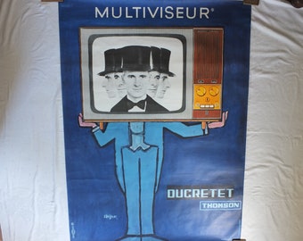 1965 Original Savignac Poster, Ducretet Thomson Television, blue multiviseur TV media, advertising wall art retro decor