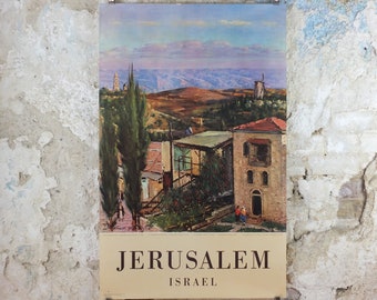 1960 Jerusalem Poster, Mountains of Moab, Israel by L Blum, Travel tourism vacation wall art decor