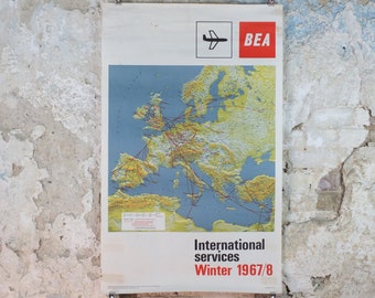 1967 BEA Europe Route Map Poster, British European Airways, Original Vintage Winter 1967-68, air travel tourism, wall art retro decor