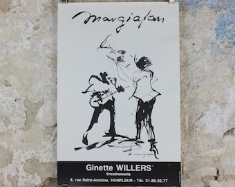 1980s Trumpet and Guitar Poster, Ginette Willers, musical drawing, Honfleur France, artist gallery exhibition, wall art decor