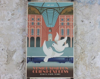 Original Venice Simplon Orient Express Poster, Milan by Fix Masseau, Doves, 1985 limited edition of 200, train, art deco, wall art decor