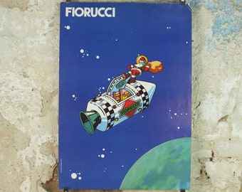 1980s Fiorucci rare Poster, Santa Claus on Xmas Eve in space, Apollo Command Module, Italian fashion label, advertising retro wall art decor