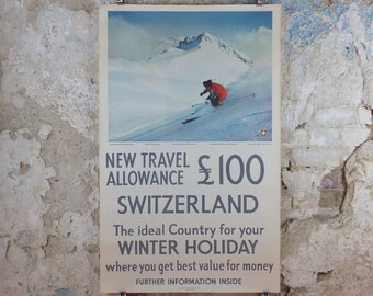 1950s Swiss Ski Travel Poster, Switzerland, Swiss National Tourist Office, Winter Holiday, travel tourism skiing vacation, wall art decor