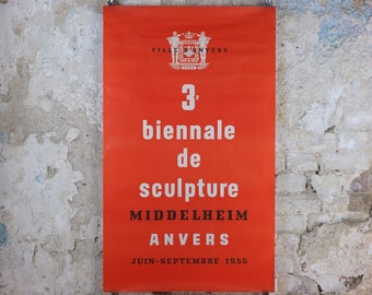 1955 Sculpture Poster, very orange biennial sculpture from Middleheim region of Antwerp or Anvers, artist gallery exhibition, wall art decor