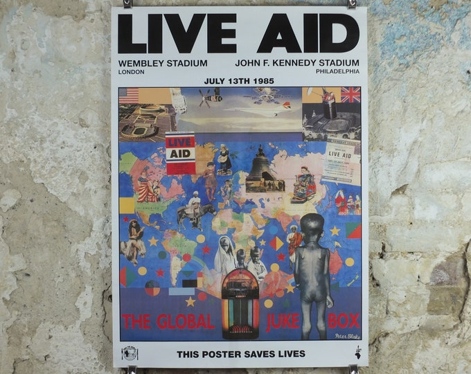 Featured listing image: 1985 Original Live Aid Poster, The Global Juke Box by Peter Blake, Wembley Stadium, John F. Kennedy Stadium, July 13th 1985, wall art decor